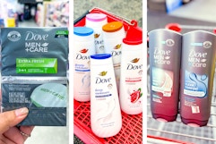collage with dove and dove men+ care body wash and bars
