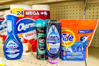 charmin toilet paper, dawn dish soap, downy unstoppables, and tide pods on a shelf