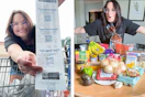 holding up a receipt and showing huge grocery haul