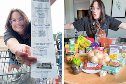 holding up a receipt and showing huge grocery haul
