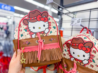 hand holding hello kitty backpack in purse section at walmart