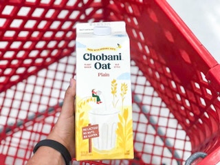 chobani oatmilk in a target cart