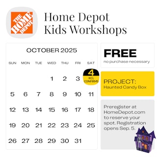 Calendar graphic of Home Depot Kids workshop event happening on October 4, 2025 with the project of a haunted candy box
