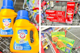 collage image of arm & hammer detergent, colgate toothpaste, and nature valley granola bars