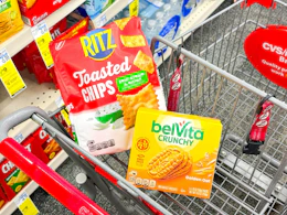 ritz toasted chips and belvita crunchy biscuits in a cvs cart