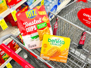 ritz toasted chips and belvita crunchy biscuits in a cvs cart