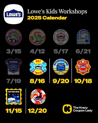 Calendar of all 2025 Lowe's Kids Workshops