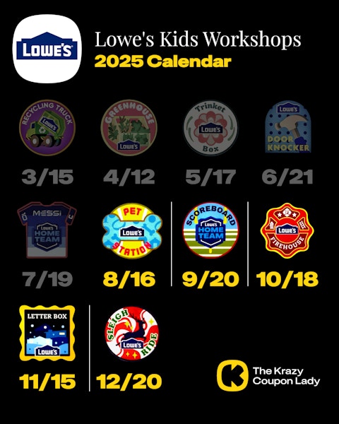 Calendar of all 2025 Lowe's Kids Workshops