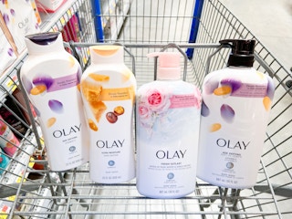 Four Olay Body Wash products in Walmart shopping cart
