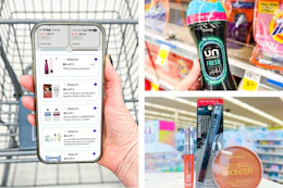 collage with hand holding smartphone, downy and rimmel products