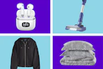 white earbuds, black jacket, gray bedding, and stick vacuum