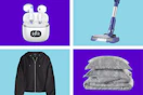 white earbuds, black jacket, gray bedding, and stick vacuum