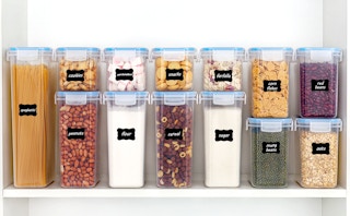15 VTopmart food storage containers stacked together on a shelf