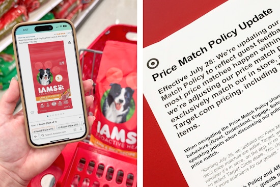 someone holding a phone showing a product on amazon app next to product in target cart and the new 2025 price match policy update