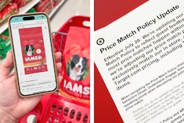 someone holding a phone showing a product on amazon app next to product in target cart and the new 2025 price match policy update