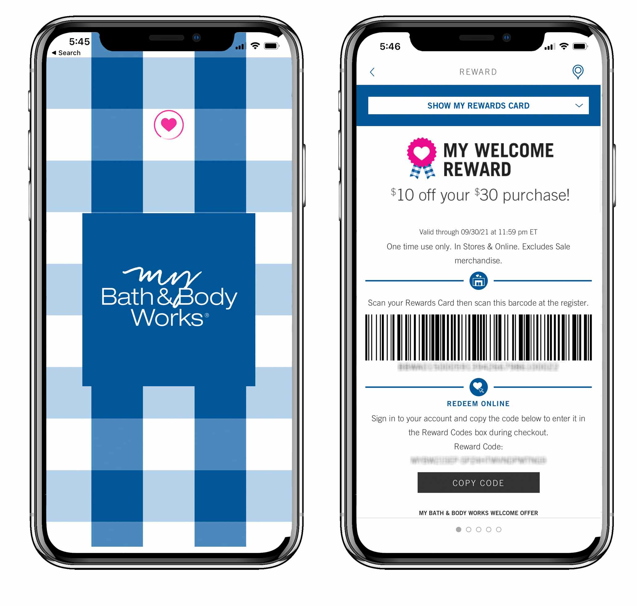 A graphic of two iPhones, one showing the My Bath & Body Works app start screen and the other showing a welcome reward coupon for $10 off...
