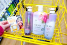 olay cleanser and body wash in yellow shopping cart