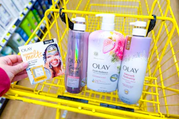 olay cleanser and body wash in yellow shopping cart