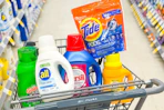shopping cart with gain, all, persil, tide, and arm & hammer products