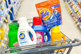 shopping cart with gain, all, persil, tide, and arm & hammer products