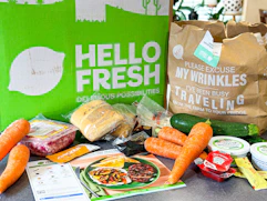 a hello fresh meal kit and ingredients on kitchen counter