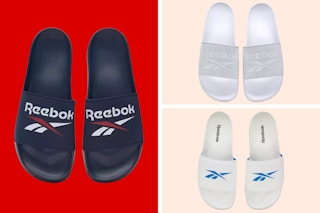 navy and two pairs of white Reebok slide sandals on a beige and red collage