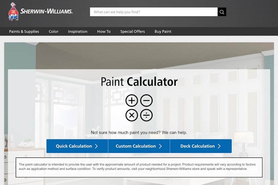 A screenshot of the Sherwin Williams paint calculator from sherwinwilliams.com.