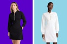 collage image of womens black and white scubaknit dresses