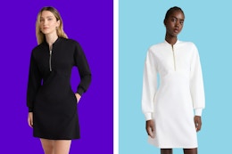 collage image of womens black and white scubaknit dresses
