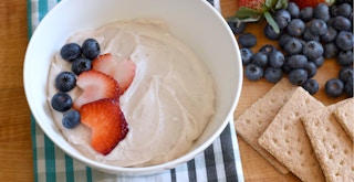 violife vegan cream cheese fruit dip with fruit and grahams
