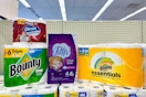 bounty paper towels, charmin toilet paper, and puffs tissues