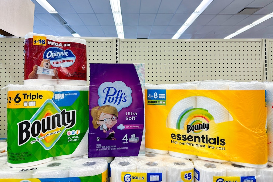bounty paper towels, charmin toilet paper, and puffs tissues