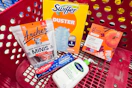 archers beef sticks, colgate toothpaste, cetaphil lotion, good & gather coffee pods, and swiffer dusters in a cart