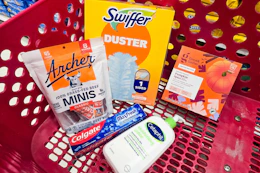 archers beef sticks, colgate toothpaste, cetaphil lotion, good & gather coffee pods, and swiffer dusters in a cart