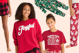 Festive pajama items (shorts, pants, sweater, tee, onesie) all in a Christmas theme