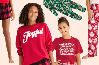 Festive pajama items (shorts, pants, sweater, tee, onesie) all in a Christmas theme