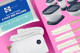 Sealy 2-pack pillows, white towel warmer, blue Rubbermaid food storage, Carote knife set