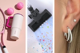 3 lifestyle images of clearance deals: tumbler, stick vacuum & earrings 