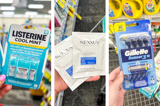 collage image of listerine breath strips, nexxus hair masks, and gillette razors