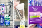 collage with poise pads, venus exfoliant, crest, and oral-b items