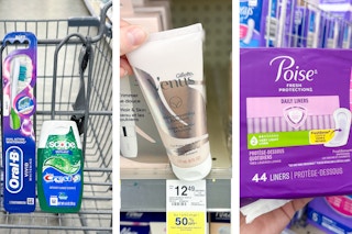 collage with poise pads, venus exfoliant, crest, and oral-b items