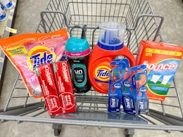tide downy bounce colgate oral-b products in walgreens cart