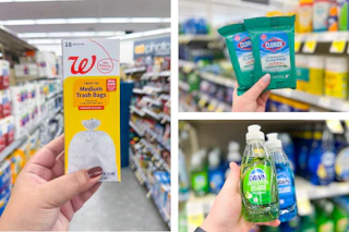 collage with walgreens trash bags, dawn dish soap, and clorox wipes