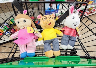 3 arthur character plushes in a cart