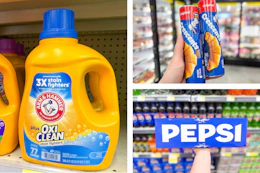 collage imge of arm & hammer detergent, pepsi soda, and pillsbury crescents