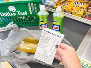 dollar tree checkout with soap exchange with receipt