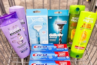 shopping cart with l'oreal, garnier, venus, gillette, and crest products