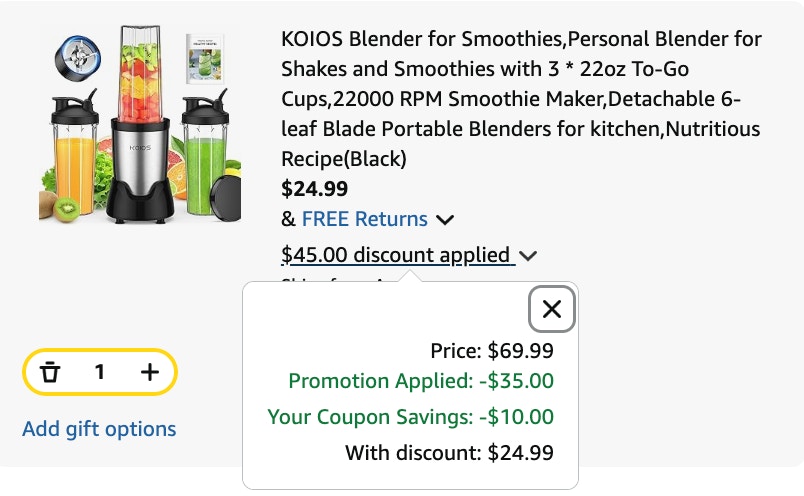 personal blender Amazon receipt