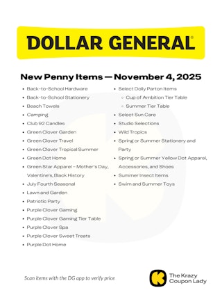 Graphic of dollar general penny list november 4
