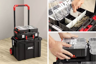 collage image of a skil rolling tool organizer